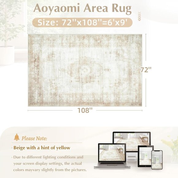 New 6x9 Beige Vintage Area Rug, Washable Boho Moroccan Non-Slip Carpet for Home - Picture 2 of 9